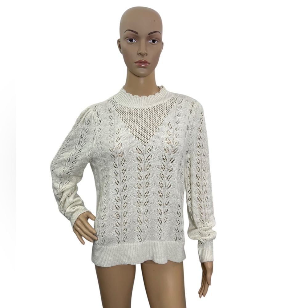 Loft Women’s Size Large Long Sleeve Round Neck Ivory Open Knit Sweater